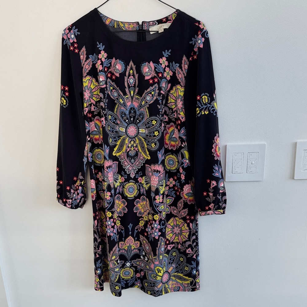 LOFT Black Dress with Colorful Floral Design